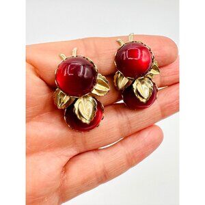 Vintage Cherry Red & Leaves Cat Eye Lucite Earrings